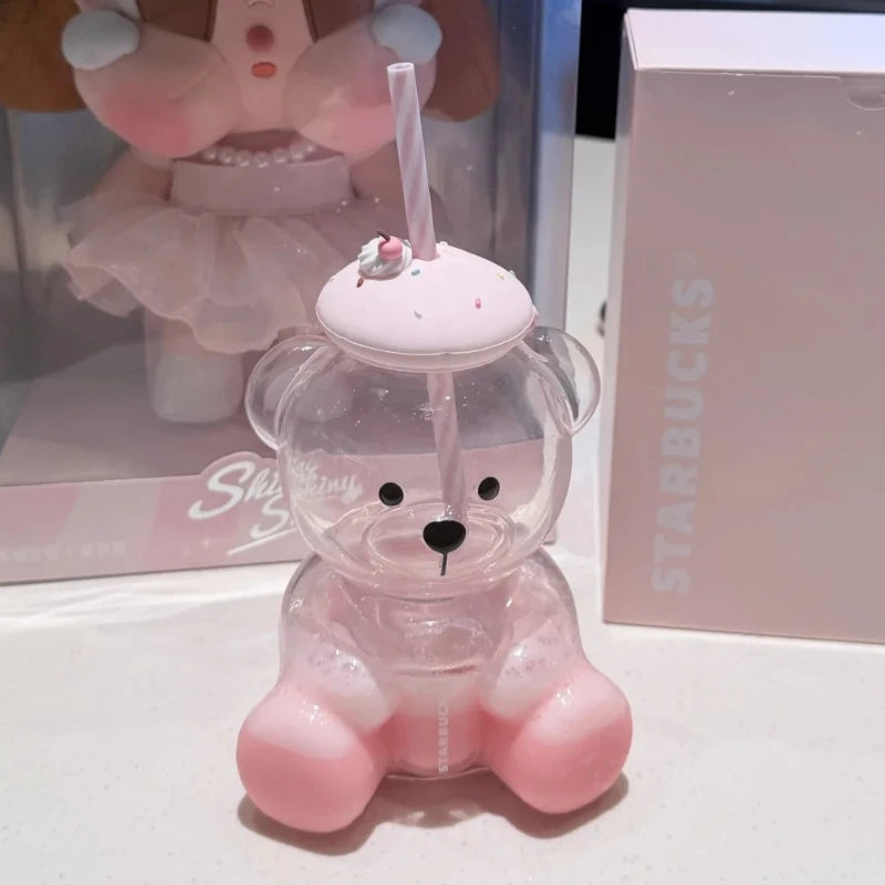 Starbucks 660ml Bear Glass Tumbler Pink Sprinkles Cake Lid Striped Straw Lightweight Durable Drinkware For Home Party Drinks