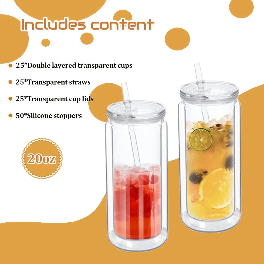 25-Pack Double Wall Clear Plastic Cups - 20 oz Leak-Proof Travel Cups with Straws | Ideal for Parties, BBQs, Home Use | Perfect for Halloween & Christmas DIY Gifts (Reusable Drink Containers)