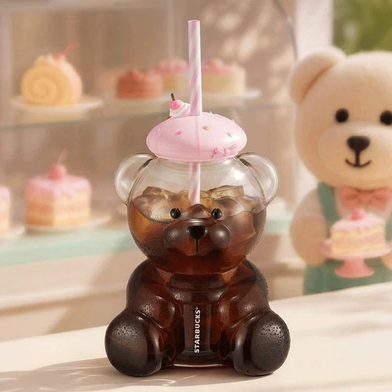 Starbucks 660ml Bear Glass Tumbler Pink Sprinkles Cake Lid Striped Straw Lightweight Durable Drinkware For Home Party Drinks